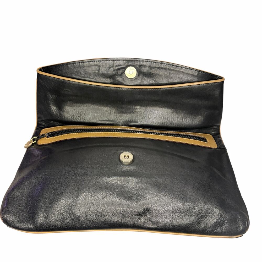 Vintage Celine Black Leather Foldover Clutch Tan Crest Logo Gold Hardware - Picture 5 of 12